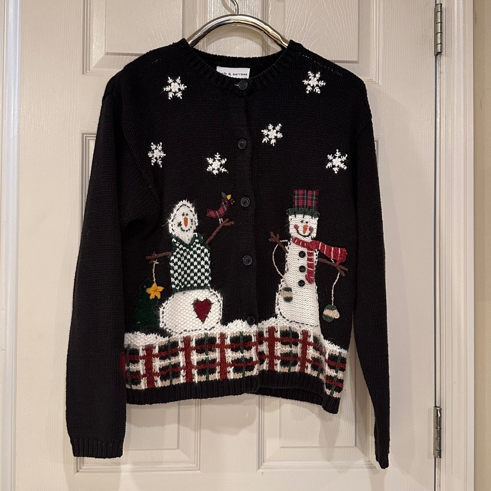 Croft & Barrow Snowman Winter Holiday Cardigan Sweater Black Womens Medium